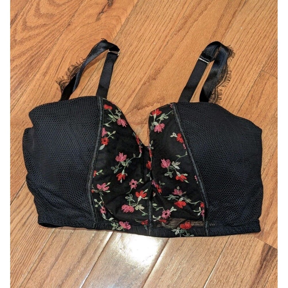 Cacique Sexy Lightly Lined Multi Way Strapless Bra Black Embroidered Floral 38F‎